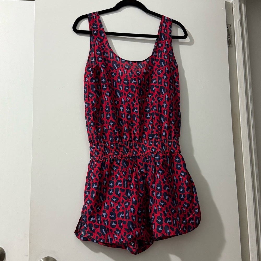 Stella McCartney Red & Blue Leopard Romper with Pockets